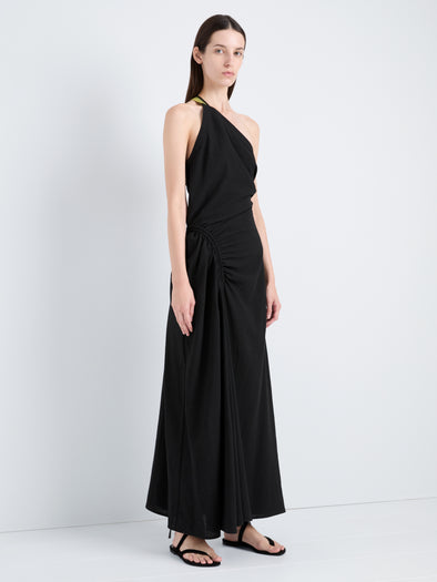 Proenza Schouler Front full length image of model wearing Sirena Dress in Crinkle Linen Viscose in Black