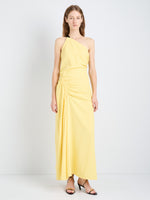 Proenza Schouler Front full length image of model wearing Sirena Dress in Crinkle Linen Viscose in Yellow