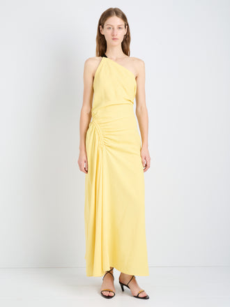 Proenza Schouler Front full length image of model wearing Sirena Dress in Crinkle Linen Viscose in Yellow