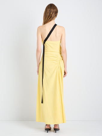 Proenza Schouler Back full length image of model wearing Sirena Dress in Crinkle Linen Viscose in Yellow