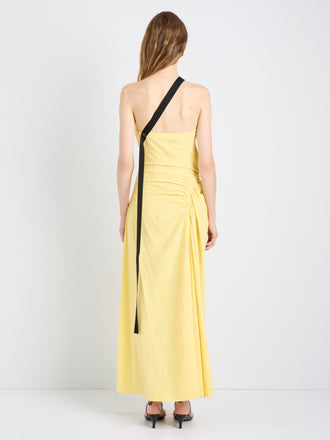Proenza Schouler Back full length image of model wearing Sirena Dress in Crinkle Linen Viscose in Yellow