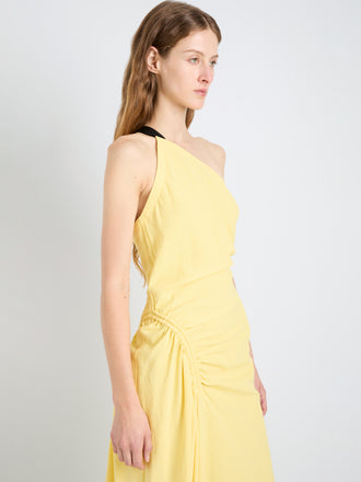 Proenza Schouler Detail image of model wearing Sirena Dress in Crinkle Linen Viscose in Yellow