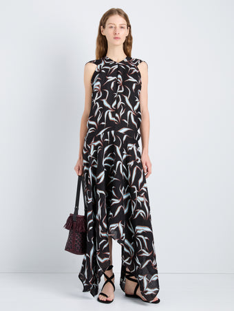 Proenza Schouler Front full length image of model wearing Sybella Dress in Metalasse Silk Linen in Black Multi