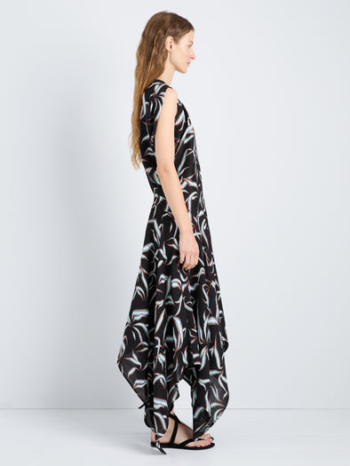 Proenza Schouler Side full length image of model wearing Sybella Dress in Metalasse Silk Linen in Black Multi