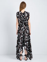 Proenza Schouler Back full length image of model wearing Sybella Dress in Metalasse Silk Linen in Black Multi