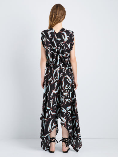 Proenza Schouler Back full length image of model wearing Sybella Dress in Metalasse Silk Linen in Black Multi