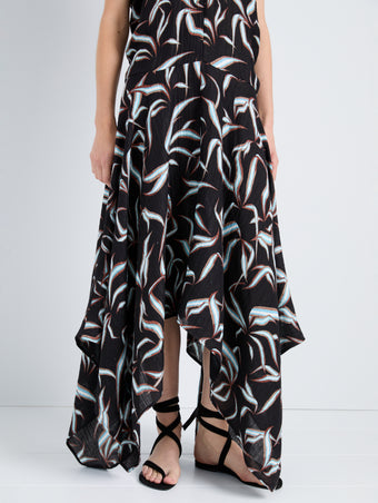 Proenza Schouler Detail image of model wearing Sybella Dress in Metalasse Silk Linen in Black Multi