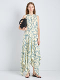 Proenza Schouler Front full length image of model wearing Sybella Dress in Metalasse Silk Linen in Pale Yellow Multi