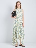 Proenza Schouler Front full length image of model wearing Sybella Dress in Metalasse Silk Linen in Pale Yellow Multi