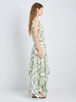 Proenza Schouler Side full length image of model wearing Sybella Dress in Metalasse Silk Linen in Pale Yellow Multi