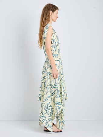 Proenza Schouler Side full length image of model wearing Sybella Dress in Metalasse Silk Linen in Pale Yellow Multi