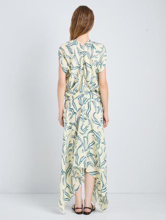 Proenza Schouler Back full length image of model wearing Sybella Dress in Metalasse Silk Linen in Pale Yellow Multi