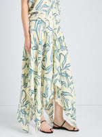 Proenza Schouler Detail image of model wearing Sybella Dress in Metalasse Silk Linen in Pale Yellow Multi