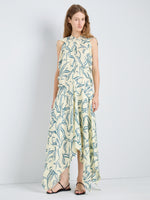 Proenza Schouler Front full length image of model wearing Sybella Dress in Matlasse Silk in Linen Pale Yellow Multi