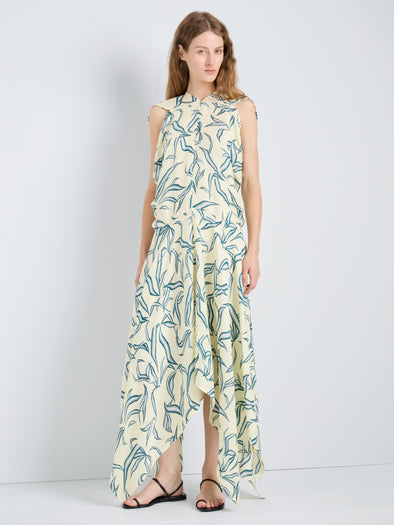 Proenza Schouler Front full length image of model wearing Sybella Dress in Matlasse Silk in Linen Pale Yellow Multi