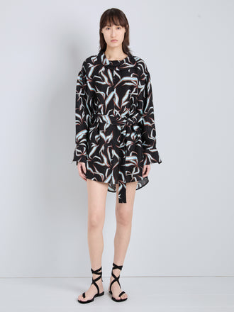 Proenza Schouler Front full length image of model wearing Lalia Dress in Metalasse Silk Linen in Black Multi