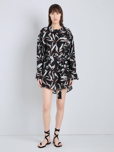 Proenza Schouler Front full length image of model wearing Lalia Dress in Metalasse Silk Linen in Black Multi