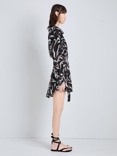 Proenza Schouler Side full length image of model wearing Lalia Dress in Metalasse Silk Linen in Black Multi