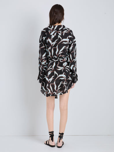 Proenza Schouler Back full length image of model wearing Lalia Dress in Metalasse Silk Linen in Black Multi