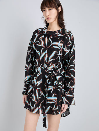 Proenza Schouler Detail image of model wearing Lalia Dress in Metalasse Silk Linen in Black Multi