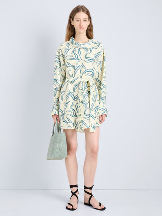 Proenza Schouler Front full length image of model wearing Lalia Dress in Metalasse Silk Linen in Pale Yellow Multi