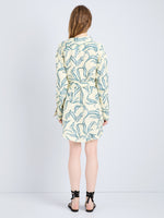Proenza Schouler Back full length image of model wearing Lalia Dress in Metalasse Silk Linen in Pale Yellow Multi