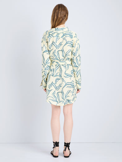 Proenza Schouler Back full length image of model wearing Lalia Dress in Metalasse Silk Linen in Pale Yellow Multi
