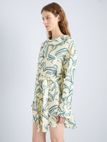 Proenza Schouler Detail image of model wearing Lalia Dress in Metalasse Silk Linen in Pale Yellow Multi