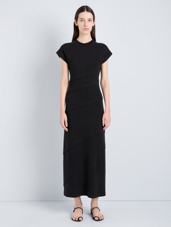 Proenza Schouler Front full length image of model wearing Della Dress in Leather in Pale Yellow