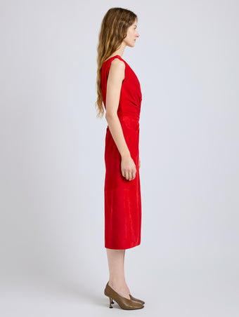Proenza Schouler Side full length image of model wearing Kaelin Dress in Suede in Red
