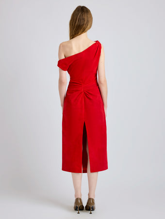 Proenza Schouler Back full length image of model wearing Kaelin Dress in Suede in Red