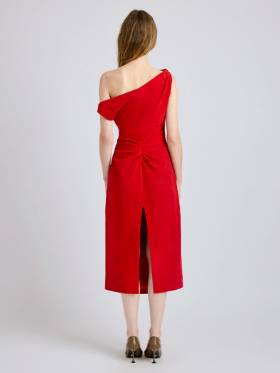Proenza Schouler Back full length image of model wearing Kaelin Dress in Suede in Red