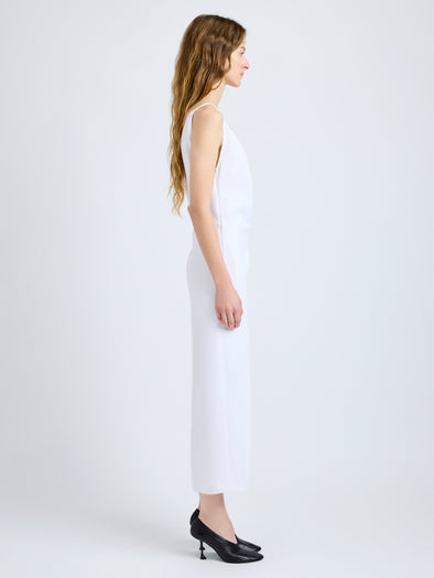 Proenza Schouler Side full length image of model wearing Noema Dress in Heavy Sable in White