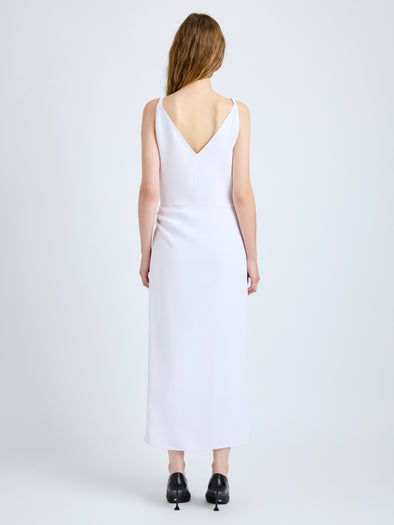Proenza Schouler Back full length image of model wearing Noema Dress in Heavy Sable in White