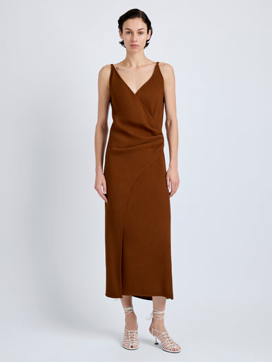 Proenza Schouler Front full length image of model wearing Noema Dress in Heavy Sable in Copper