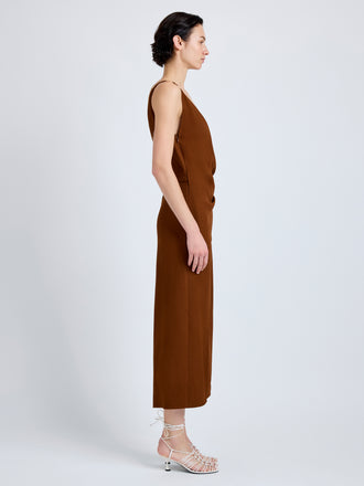 Proenza Schouler Side full length image of model wearing Noema Dress in Heavy Sable in Copper