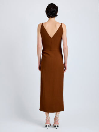 Proenza Schouler Back full length image of model wearing Noema Dress in Heavy Sable in Copper