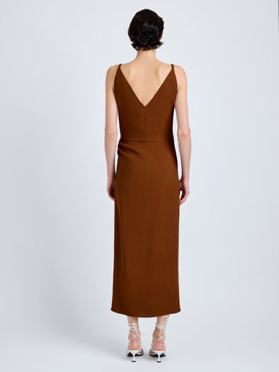 Proenza Schouler Back full length image of model wearing Noema Dress in Heavy Sable in Copper