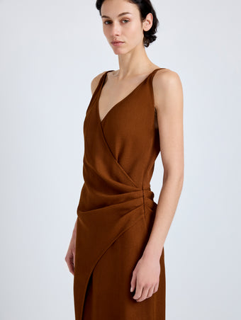 Proenza Schouler Detail image of model wearing Noema Dress in Heavy Sable in Copper