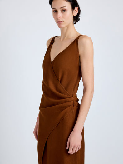 Proenza Schouler Detail image of model wearing Noema Dress in Heavy Sable in Copper