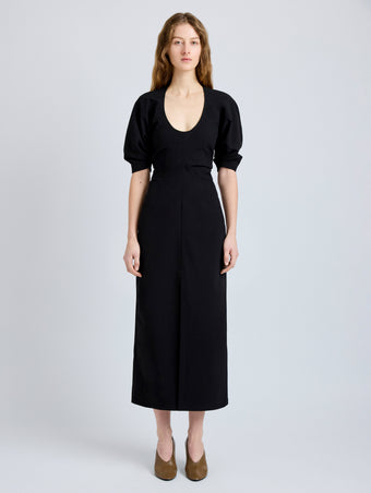 Proenza Schouler Front full length image of model wearing Clarissa Dress in Bi-Stretch Cotton Nylon in Black
