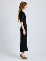 Proenza Schouler Side full length image of model wearing Clarissa Dress in Bi-Stretch Cotton Nylon in Black