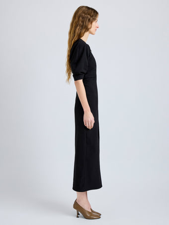 Proenza Schouler Side full length image of model wearing Clarissa Dress in Bi-Stretch Cotton Nylon in Black