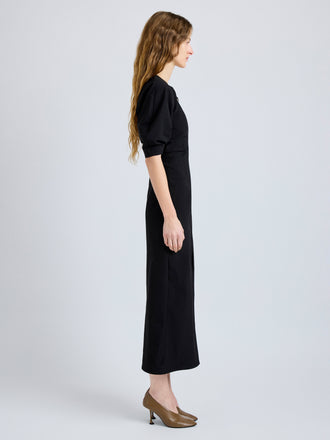 Proenza Schouler Side full length image of model wearing Clarissa Dress in Bi-Stretch Cotton Nylon in Black