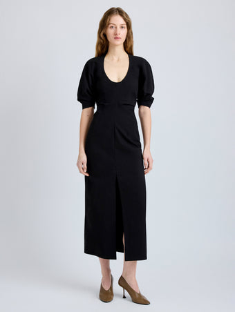 Proenza Schouler Front full length image of model wearing Clarissa Dress in Bi-Stretch Cotton Nylon in Black