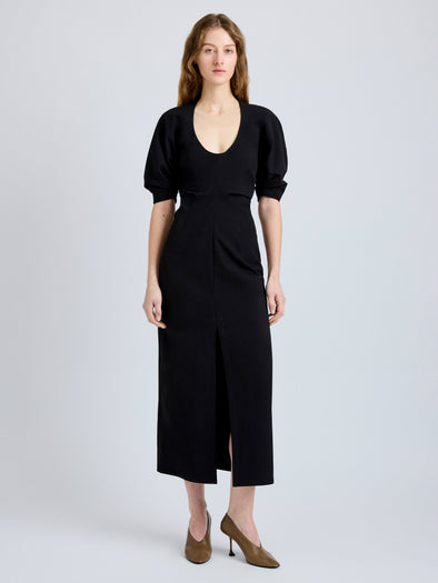 Proenza Schouler Front full length image of model wearing Clarissa Dress in Bi-Stretch Cotton Nylon in Black