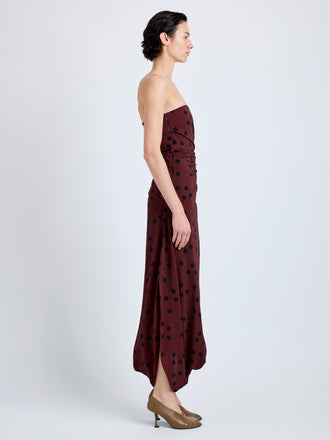 Proenza Schouler Side full length image of model wearing Nayara Dress in Printed Dot Stetch Viscose in Espresso Multi