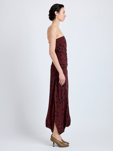 Proenza Schouler Side full length image of model wearing Nayara Dress in Printed Dot Stetch Viscose in Espresso Multi