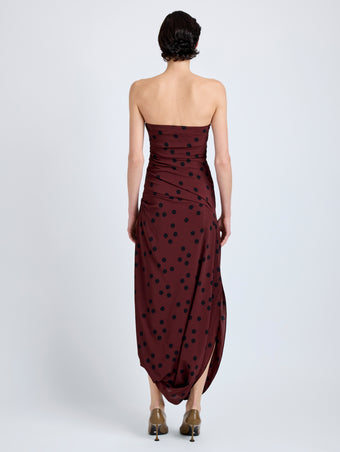 Proenza Schouler Back full length image of model wearing Nayara Dress in Printed Dot Stetch Viscose in Espresso Multi