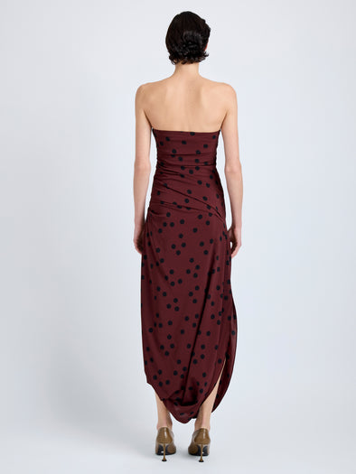 Proenza Schouler Back full length image of model wearing Nayara Dress in Printed Dot Stetch Viscose in Espresso Multi